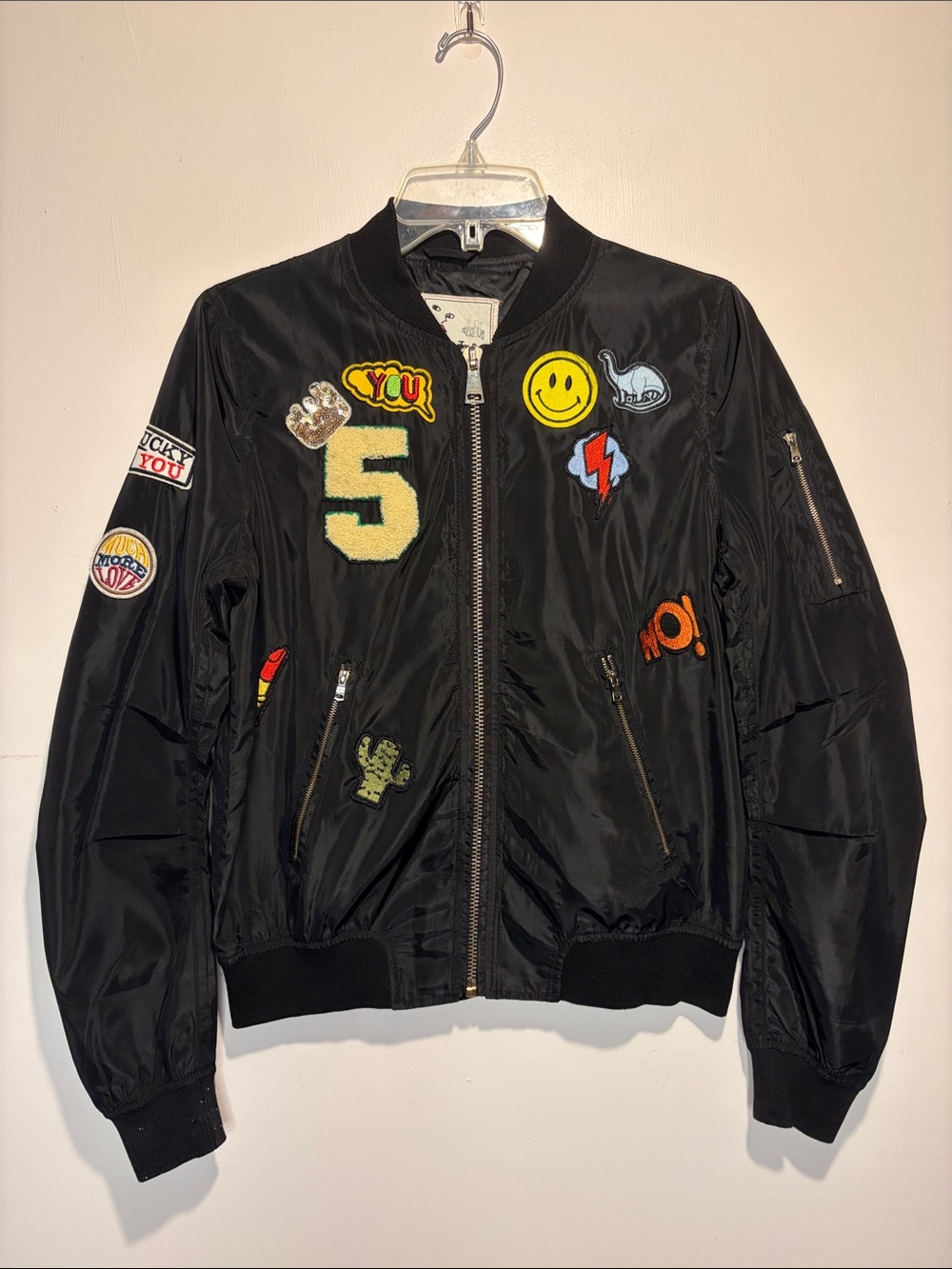 It Girl Black Bomber Jacket Patches Cactus Bolt Love Lucky Full Zip SZ S